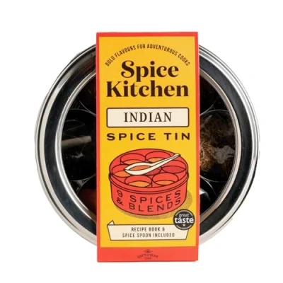 Image of Spice Kitchen Premium Indian Collection, Tin with 9 Cooking Spices including Award Winning Garam Masala, Stainless Steel storage tin, recipe booklet and serving spoon