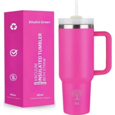 Image of Blissful Green 40oz Tumbler with Straw, Lid, Vacuum Insulated, Double Walled, Re uasble Stainless Steel, Travel Mug Handle, Coffee, Hot Cold Drinks (Hot Pink)