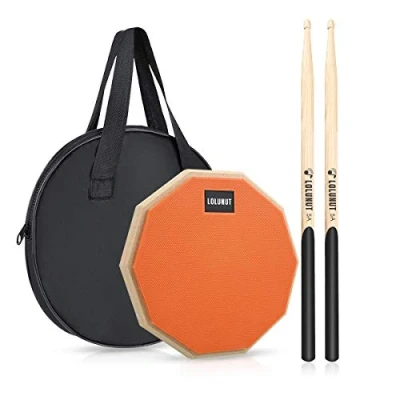 Image of LOLUNUT Dumb Drum Practice Pad,2 sided Silent Pad Soft Rubber Wooden Base Stand with Solid Wood Sticks (8 inch Orange)