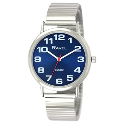 Image of Ravel Unisex Easy Read Watch with Big Numbers on Stainless Steel Expander Bracelet Silver Tone/Blue Dial