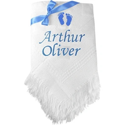 Image of Personalised Footprint Shawl Blanket Gift with Name Embroidery (Two Names (24 Characters), Blue Embroidery)