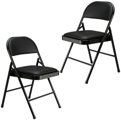 Image of Folding Faux Leather Chair Padded Event Seats Metal Frame Foldable chair, Easy Storage Comfortable Seat for Home, Dining &amp; Office Computer Desk Chairs (Black) (2)