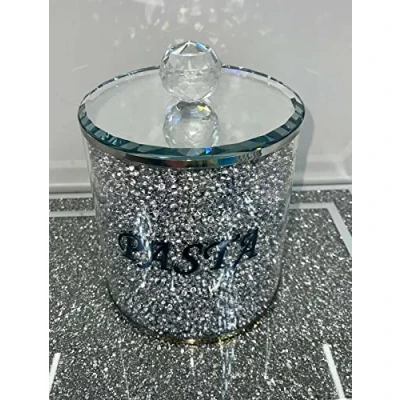 Image of Biznest CRUSHED DIAMOND SILVER CRYSTAL PASTA JAR WITH MIRROR LID, KITCHEN SPARKLY BLING
