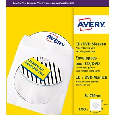 Image of Avery 279880 SL1760 100 Paper Sleeves for CDs and DVDs with Clear Window, Per Pack