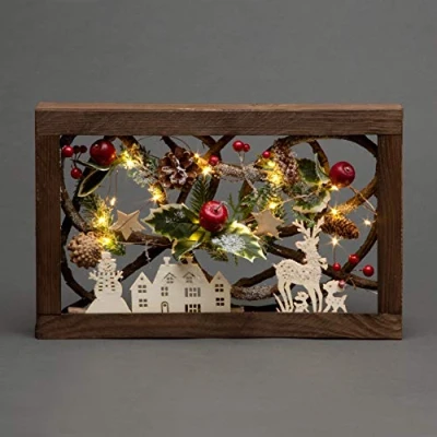 Image of 40cm LED Pre Lit Decorated with Leaves Pine Cones Berries 3D Nordic Christmas Scene Rectangle Shape Wooden Frame Tabletop Decorations Xmas Ornament Gifts