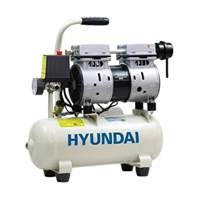 Image of Hyundai Low Noise Electric Air Compressor, 550W 4CFM, 100PSI Oil Free 8 Litre Tank Capacity, 2 Year Warranty, Quick Release Fittings UK 13 Amp Plug, White
