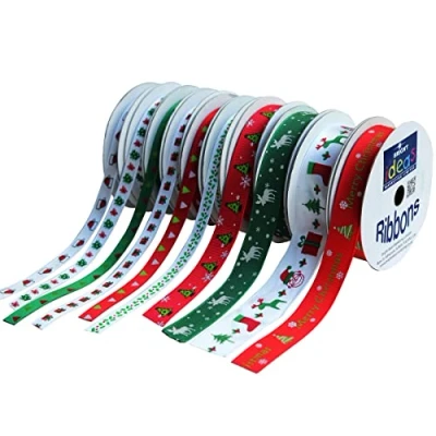 Image of Bright Ideas Printed Christmas Cross Grain Ribbon Bundle, PK10 Assorted Widths (9mm, 19mm &amp; 25mm), 30m Value Pack, Designs for Crafts, Gift Wrapping Party Decoration. BI3036.
