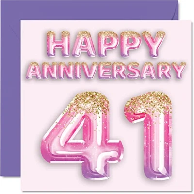 Image of Pretty 41st Anniversary Card for Wife Girlfriend Husband Boyfriend Pink Purple Glitter Balloons Happy 41 Cards from Family, 145mm x Greeting Forty First Anniversaries