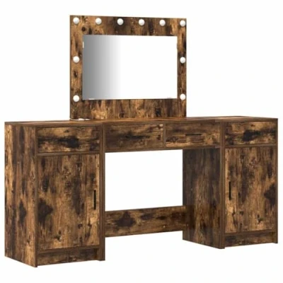 Image of vidaXL Smoked Oak Vanity Table Set Engineered Wood with Hollywood Lights &amp; Ample Storage Bedroom Dressing Drawers