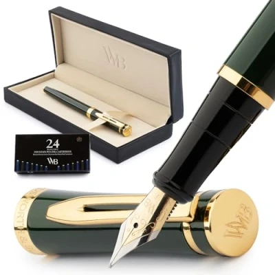 Image of Wordsworth &amp; Black Fountain Pen Set, 18K Gilded Fine Nib, Includes 24 Pack Ink Cartridges, Refill Converter Gift Box, Gold Finish, Calligraphy, [Racing Green], Perfect for Men Women