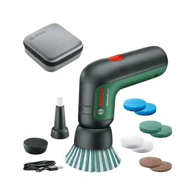 Image of Bosch Electric Cleaning Brush Set UniversalBrush (for Bathroom Tiles, Kitchen Stove, Pans, Pots and More; 10 Attachments Included; 3.6V Integrated Battery; Micro USB Cable; in Soft Bag)