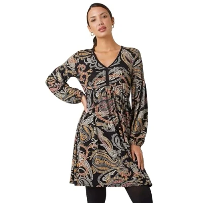 Image of Roman Womens Paisley Print Stretch Dress Black Size 10 UK