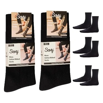 Image of Mens Ribbed Cotton Socks 12 Pack Comfortable, Everyday, Rich Breathable UK Shoe Size 6 11 (Black Colour Pack)