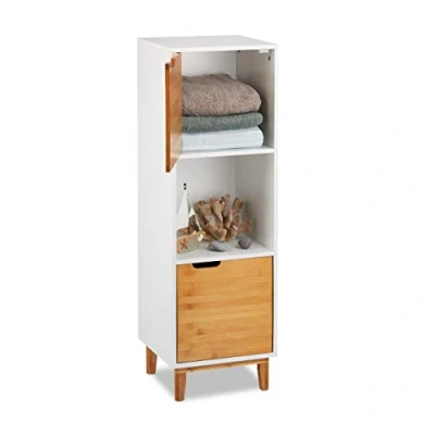Image of Relaxdays Standing Shelf, Scandinavian Bookcase with Door, MDF and Bamboo Side Cabinet, HWD 101x32x30 cm, White
