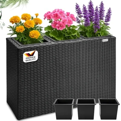 Image of CASARIA® Large Tall Rattan Flower Pot Planter 3 Removable Inner Plant Pots With Water Drain Poly Trough Box Planters Outdoor Garden 83x30.5x60 cm Black