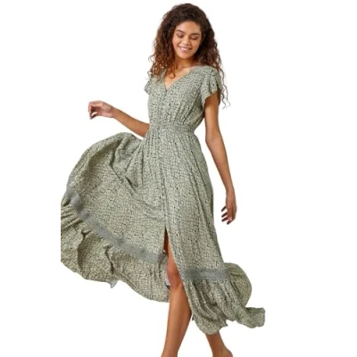 Image of Roman Womens Scribble Print Button Through Maxi Dress Khaki Size 10 UK