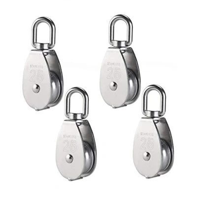 Image of XLKJ 4 Pcs M25 Single Pulley Block,304 Stainless Steel Roller 360Swivel 150 kg Load for Crane Swivel Hook Smooth Wire Rope Cable