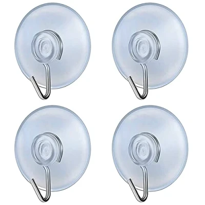 Image of fiXte Suction Cup Hooks Clear PVC Sucker Pads 45mm Kitchen Wall Hangers Window Hook No Drill for Glass Tile Door Bathroom Shower Christmas Lights Hanging Wreath (Pack of 4)