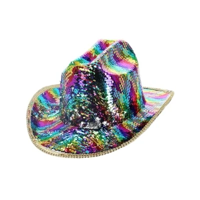 Image of Smiffys Fever Deluxe Sequin Cowboy Hat, Rainbow, Accessories Fancy Dress, Western Dress Up Hats