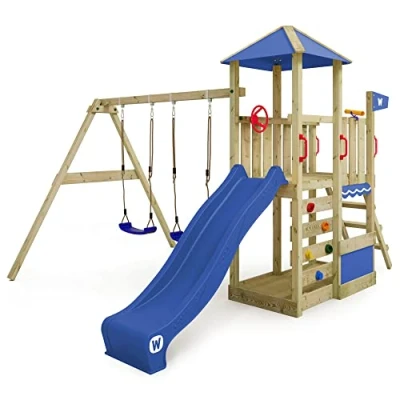 Image of WICKEY Smart Savana Play Tower Climbing Frame with Swing and Slide blue, Outdoor Children&#039;s Sandpit, Ladder &amp; Accessories for the Garden