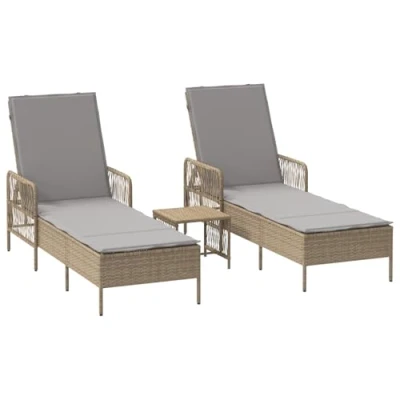 Image of vidaXL Adjustable Sun Lounger Set, Beige and Light Grey, Foldable Padded Loungers, 2X + Table, Patio Lounge Chairs, Beach, Relaxation, Garden, Modern, Summer