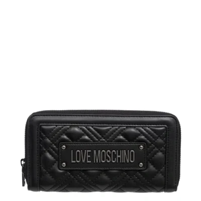 Image of Love Moschino women&#039;s quilted faux leather black wallet is a chic and functional accessory.Featuring texture, it features steel lettering logo on the, / light grey,