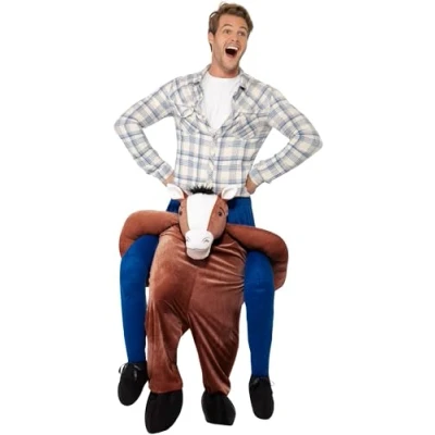 Image of Smiffys Piggyback Horse Costume, Brown One Piece Suit with Mock Legs, Funny Fancy Dress, Animal Dress Up Costumes