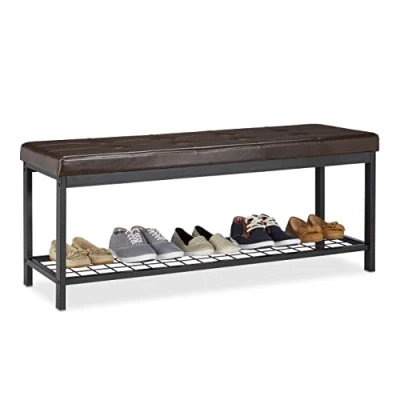 Image of Relaxdays XXL Shoe Bench, Faux Leather Seat, Backless, Grid Rack for Shoes, Metal, HWD 49x115x40cm, Brown