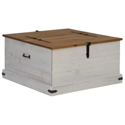 Image of vidaXL HALDEN Storage Chest White Wooden Trunk/Coffee Table 91x91x47cm Solid Pine, Dual Compartments, Metal Handles for Bedroom/Living Room Decor