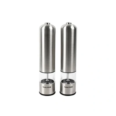 Image of Salter 7722 SSTURA Electric Salt &amp; Pepper Grinder Set BPA Free, Spice Mills, One Handed Operation, Battery Powered, 60g Crystals/30g Peppercorns, Brushed Stainless Steel, For Arthritis Hands