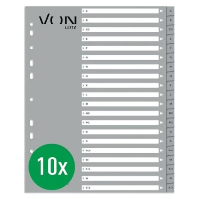 Image of VON Leitz 12290085 Alphabet Index A Z, A4 for Folders, PP Cardboard, Extra Wide, 11 Hole Universal Loose Folders &amp; Ring Binders, Alphabetic Dividers, Grey, Pack of 10