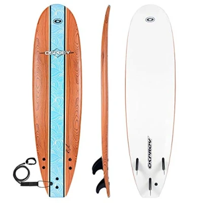 Image of Osprey Foam Surfboard Soft Foamie Complete with Leash and Fins, Wood Effect, 7.2 ft