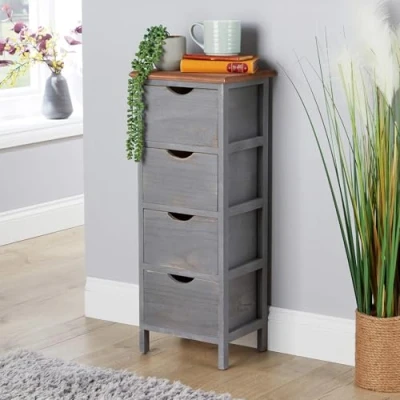 Image of Home Source Bedside Chest of Drawers, Wooden Bedroom Storage Organiser, Natural Wood Top, Grey, 4 Drawer