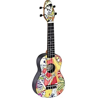 Image of Ortega Guitars Colourful Soprano Ukulele Keiki K2 Starter Kit includes Tuner, Strap, 5 Medium Picks and Drawsting Bag el muerto (K2 EM)