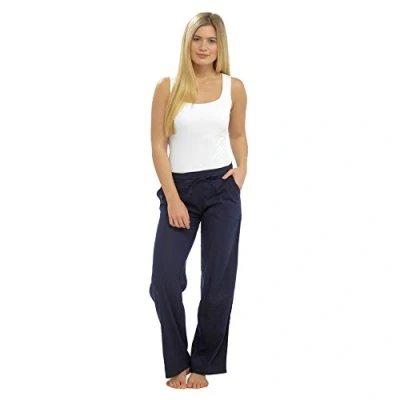 Image of Tom Franks Ladies Linen Blend Full Length Summer Beach Holiday Trousers with Ribbed Back (18, Navy)