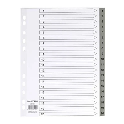 Image of Set of 5 20 dividers made polypropylene, DIN A4 with numbers 1 20, full coverage + practical cover sheet sturdy paper for labelling. Divider sheets folder organisation in the office