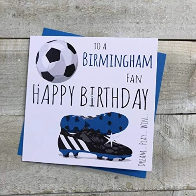 Image of WHITE COTTON CARDS Birmingham City FC Football Club Fan Birthday Card BOOTS &amp; BALL DESIGN (FFP67)