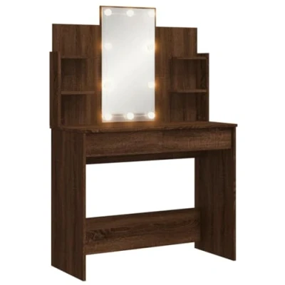 Image of vidaXL Brown Oak Dressing Table Cosmetic Vanity Desk with Adjustable LED Lights, Engineered Wood Construction, Ample Storage Options