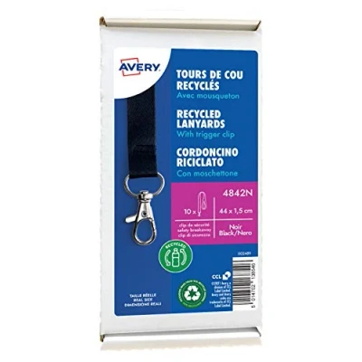 Image of AVERY Recycled Plastic Black Lanyards with Trigger Clip Pack of 10
