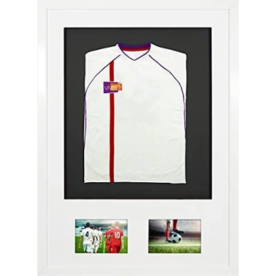 Image of Vivarti DIY Infant 3D Mounted + Double Aperture Sports Shirt Display Frame for Football Shirt, Rugby Band Shadow Box 50x 70cm Gloss White Frame, Mount, Black Backing Card