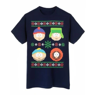 Image of South Park Mens Christmas T Shirt Adults Festive Fairisle Graphic Tee in Navy Blue Seasonal Classic Cartoon Short Sleeve Crewneck Top Funny Holiday Apparel Gift for Him