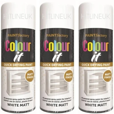 Image of HitlineUK 3 X SPRAY PAINT WHITE 400ML MATT FINISH DECORATE WOOD METAL PLASTIC INTERIOR/EXTERIOR
