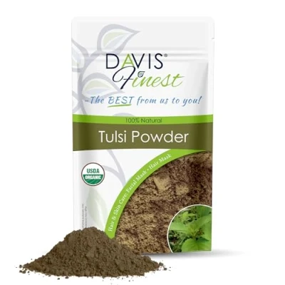 Image of Davis Finest Organic Tulsi Holy Basil, Pure &amp; Natural Leaves Powder 100g, Hair Skin Care, Ayurvedic, Tightening, Facial Mask, Itchy Scalp, Promotes Growth