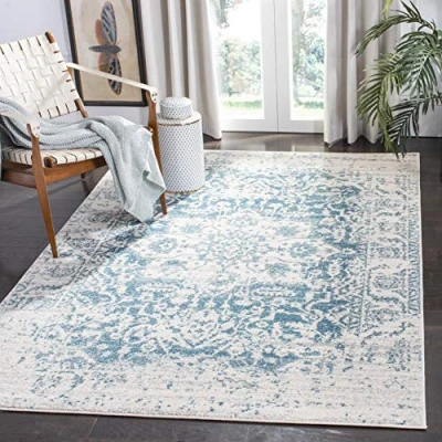 Image of Safavieh Modern Chic Rug for Living Room, Dining Bedroom Madison Collection, Short Pile, in Teal and Ivory, 122 X 183 cm