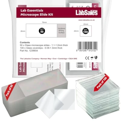 Image of Labsales Academy 50 Microscope Slides &amp; 100 Cover Slips Kit Super Clear Glass With frosted Writing Surface Perfect For Lab Chemistry Education All Microscopy Work 76mm x 26mm