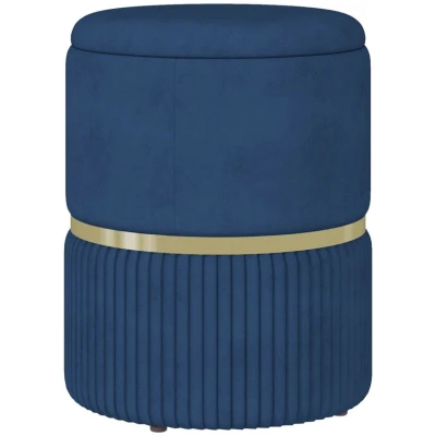 Image of HOMCOM Round Pouffe, Velvet feel Fabric Upholstered Storage Foot Stool with Removable Top, Padded Seat and Hidden Space for Living Room, Dark Blue
