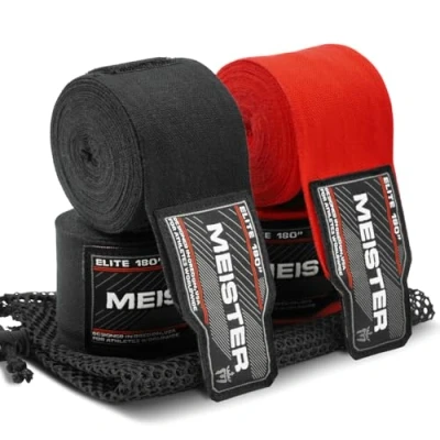 Image of Meister Elite 180&quot; Premium Adult Hand Wraps for MMA &amp; Boxing 2 Pair Pack w/Mesh Bag Black/Blood Red