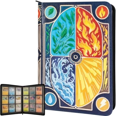 Image of 3D Card Binder for Pokemon Stunning Raised Elemental Design in PU Leather with Zipper Includes 9 Pocket Pages 360 Cards. Great Sleeve Album/TCG Holder/Trading Collection Book Gift.
