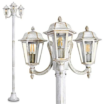 Image of hofstein Natal Outdoor lamp, Candelabra in Antique Look, cast Aluminium White/Gold with Clear Glass panes, 3 arm Pathway lamp 210 cm, Retro/Vintage Garden E27 Socket, IP44, Without Bulbs