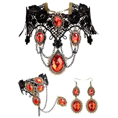 Image of Cubahop Vintage Halloween Black Lace Choker Necklaces Bracelet Earrings Set Gothic Red Genstone Collar Jewelry for Women